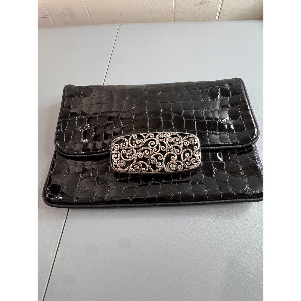 Brighton Clutch Womens Black EUC Croc Embossed Patent Leather Filigree Medallion
